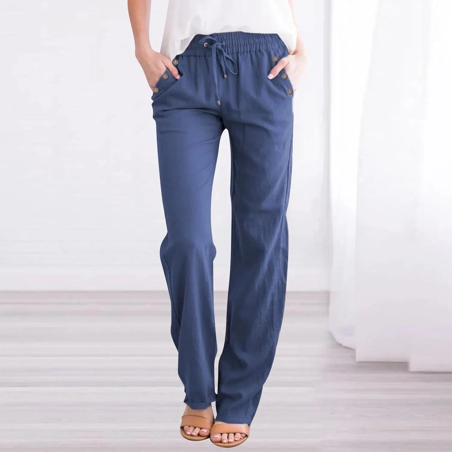 Womens Spring Pants Linen Outfits 2025 Vacation Solid Button Decorations Pants with Pockets Slim Drawstring Yoga Sweatpants