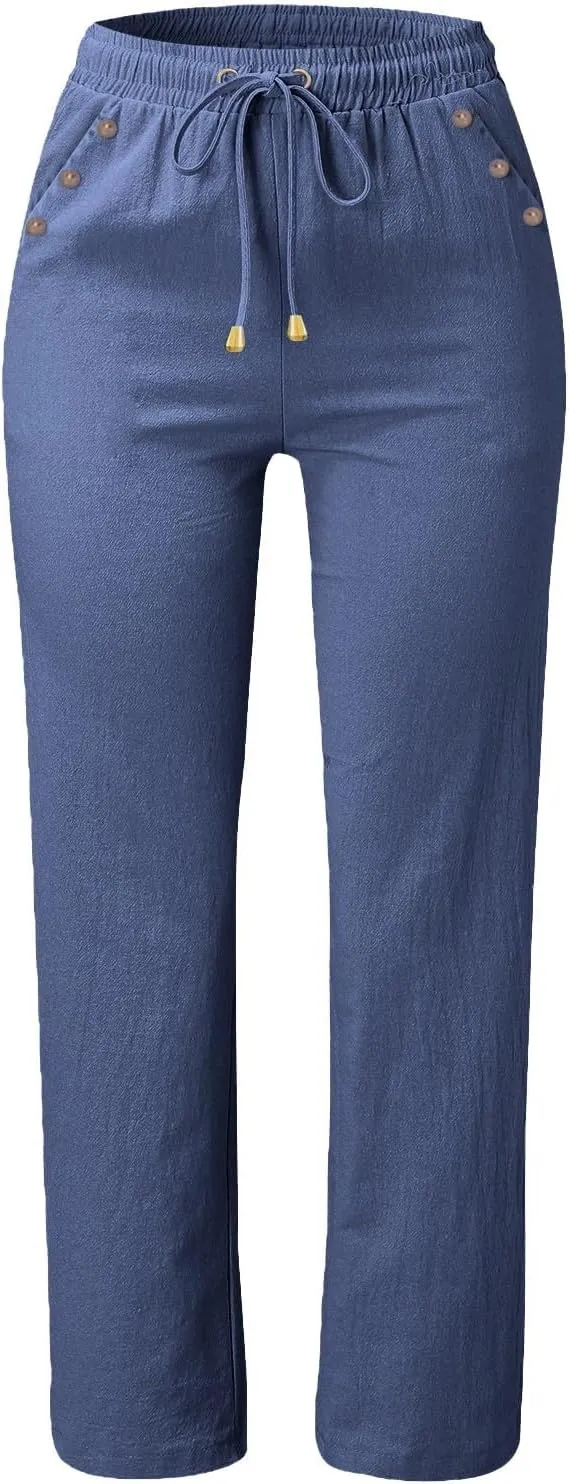 Womens Spring Pants Linen Outfits 2025 Vacation Solid Button Decorations Pants with Pockets Slim Drawstring Yoga Sweatpants