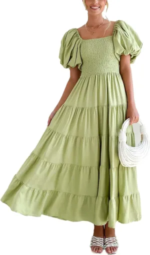 Womens Spring Summer Long Dresses Boho Floral Square Neck Midi Dress Puff Short Sleeve Tiered Maxi Dress Beach Sundress