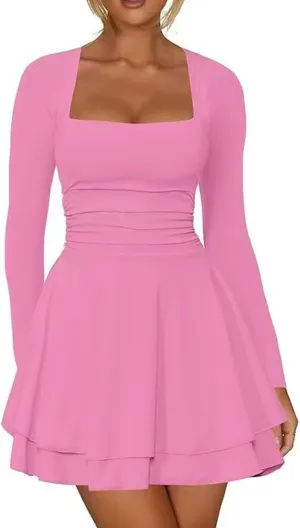 Women's Square Neck Ruffle Hem Mini Dress Long Sleeve Ruched Waist Corset Short Party Dresses Cocktail Short Dress