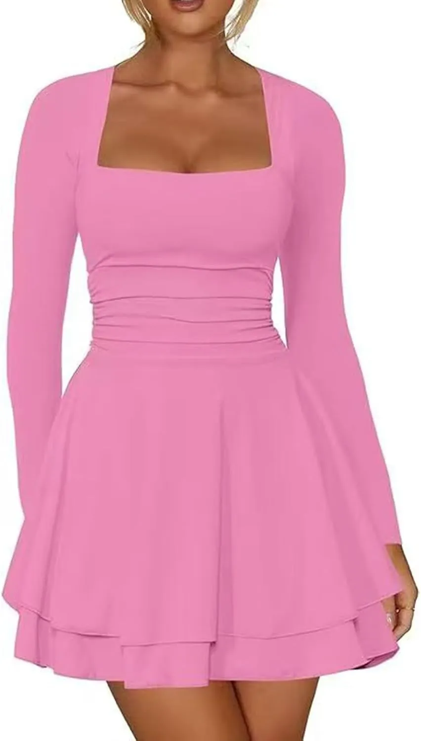 Women's Square Neck Ruffle Hem Mini Dress Long Sleeve Ruched Waist Corset Short Party Dresses Cocktail Short Dress