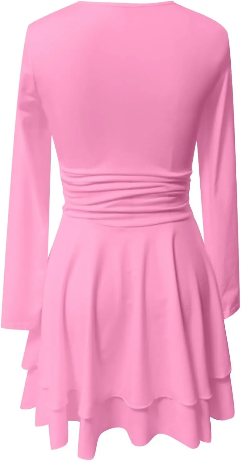 Women's Square Neck Ruffle Hem Mini Dress Long Sleeve Ruched Waist Corset Short Party Dresses Cocktail Short Dress