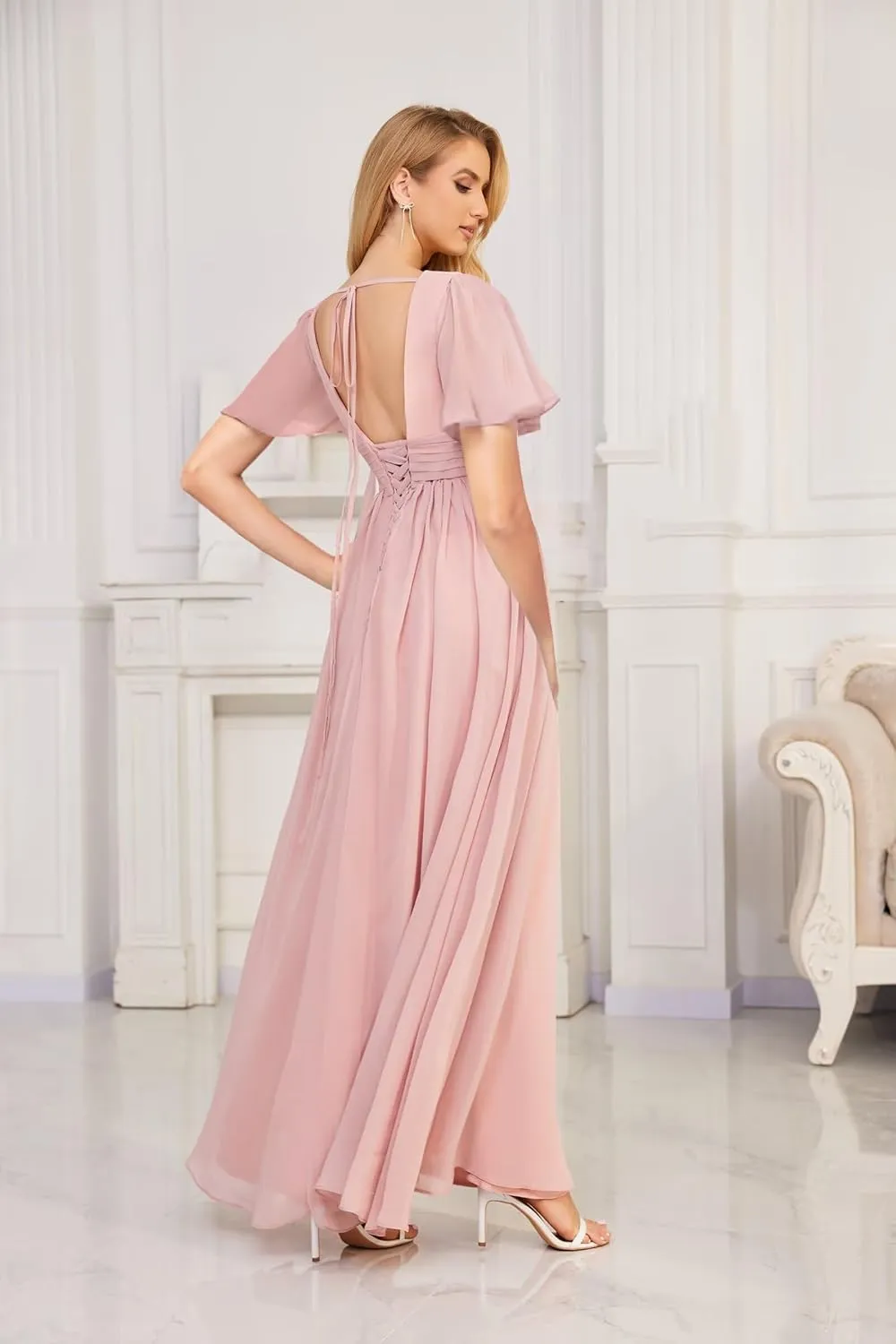 Women's Square Neck Short Sleeve Chiffon Bridesmaid Dresses with Pleated Long Wedding Guest Dress with Slit