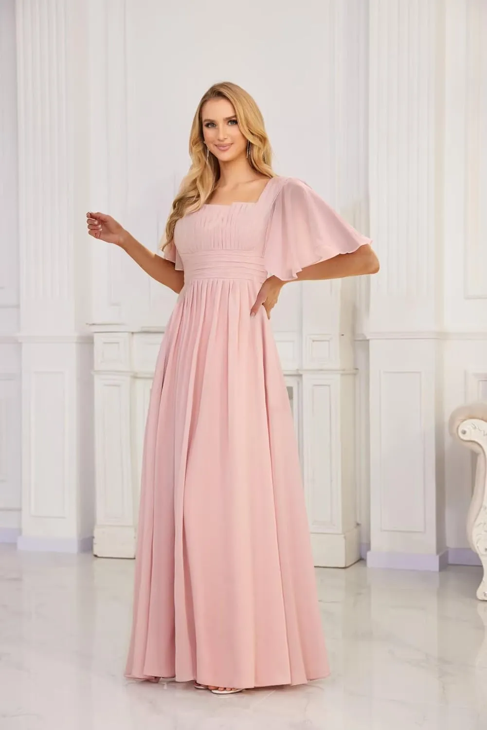 Women's Square Neck Short Sleeve Chiffon Bridesmaid Dresses with Pleated Long Wedding Guest Dress with Slit