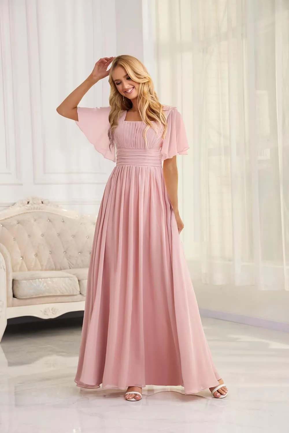 Women's Square Neck Short Sleeve Chiffon Bridesmaid Dresses with Pleated Long Wedding Guest Dress with Slit