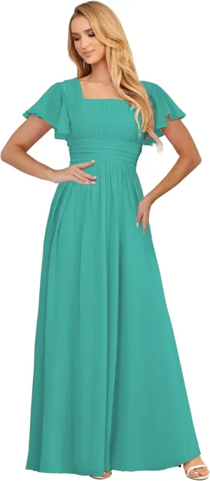 Women's Square Neck Short Sleeve Chiffon Bridesmaid Dresses with Pleated Long Wedding Guest Dress with Slit