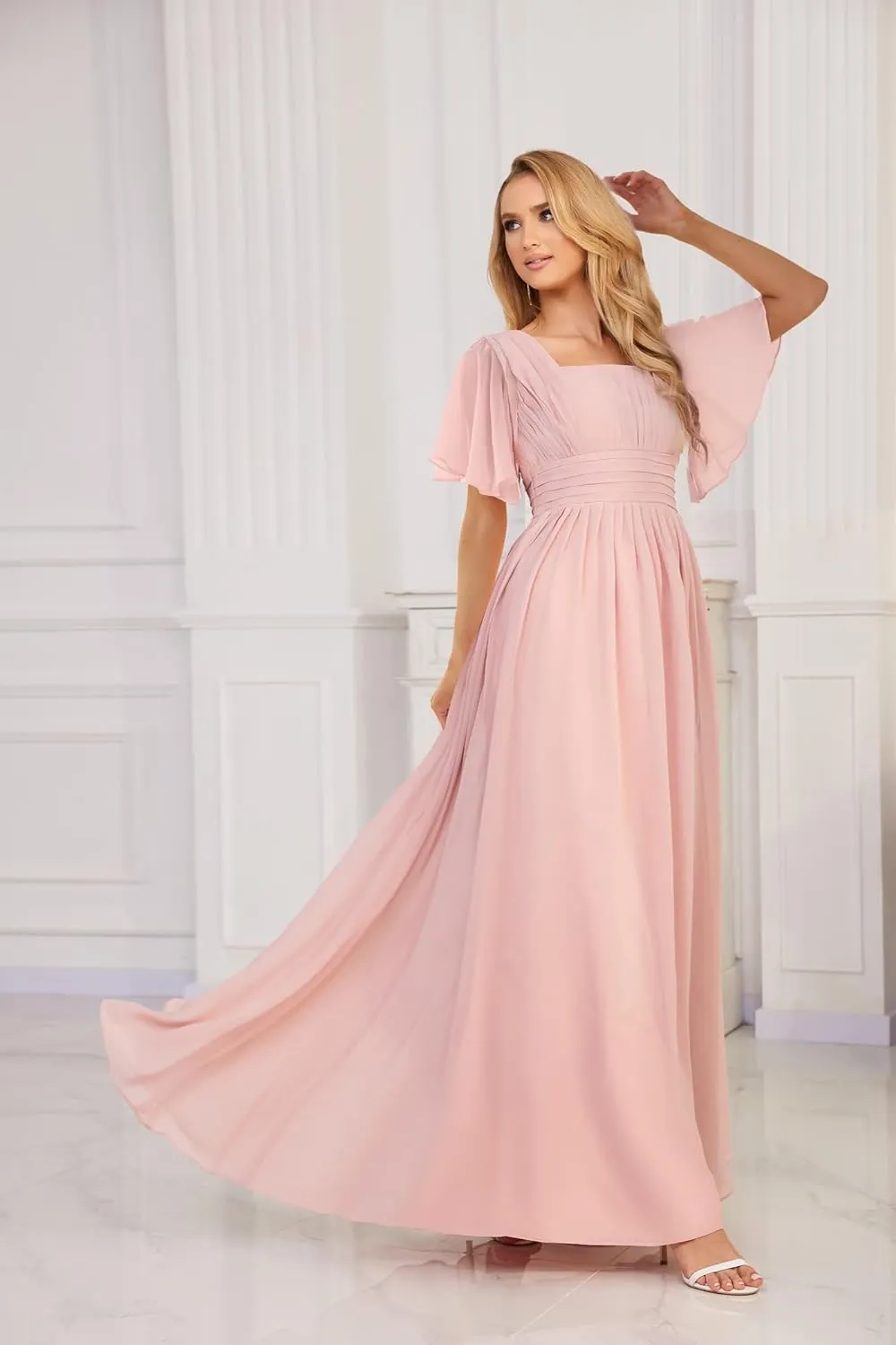 Women's Square Neck Short Sleeve Chiffon Bridesmaid Dresses with Pleated Long Wedding Guest Dress with Slit
