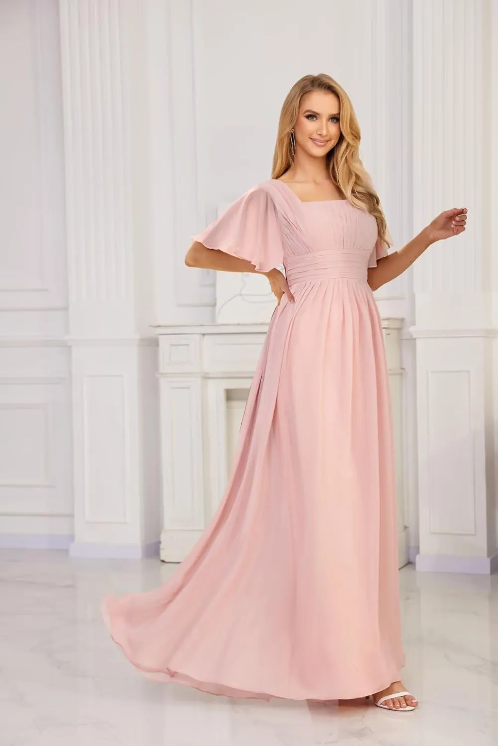 Women's Square Neck Short Sleeve Chiffon Bridesmaid Dresses with Pleated Long Wedding Guest Dress with Slit