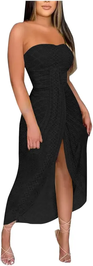 Women's Strapless Beach Dress Summer Eyelet Hollow Out Maxi Sundress Hawaiian Off Shoulder Cover Ups Split Dresses