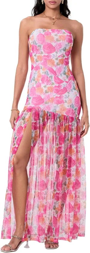 Womens Strapless Maxi Dress Floral Mesh Backless Bodycon Tube Long Dress Sexy Ruched Flowy Split Evening Gowns