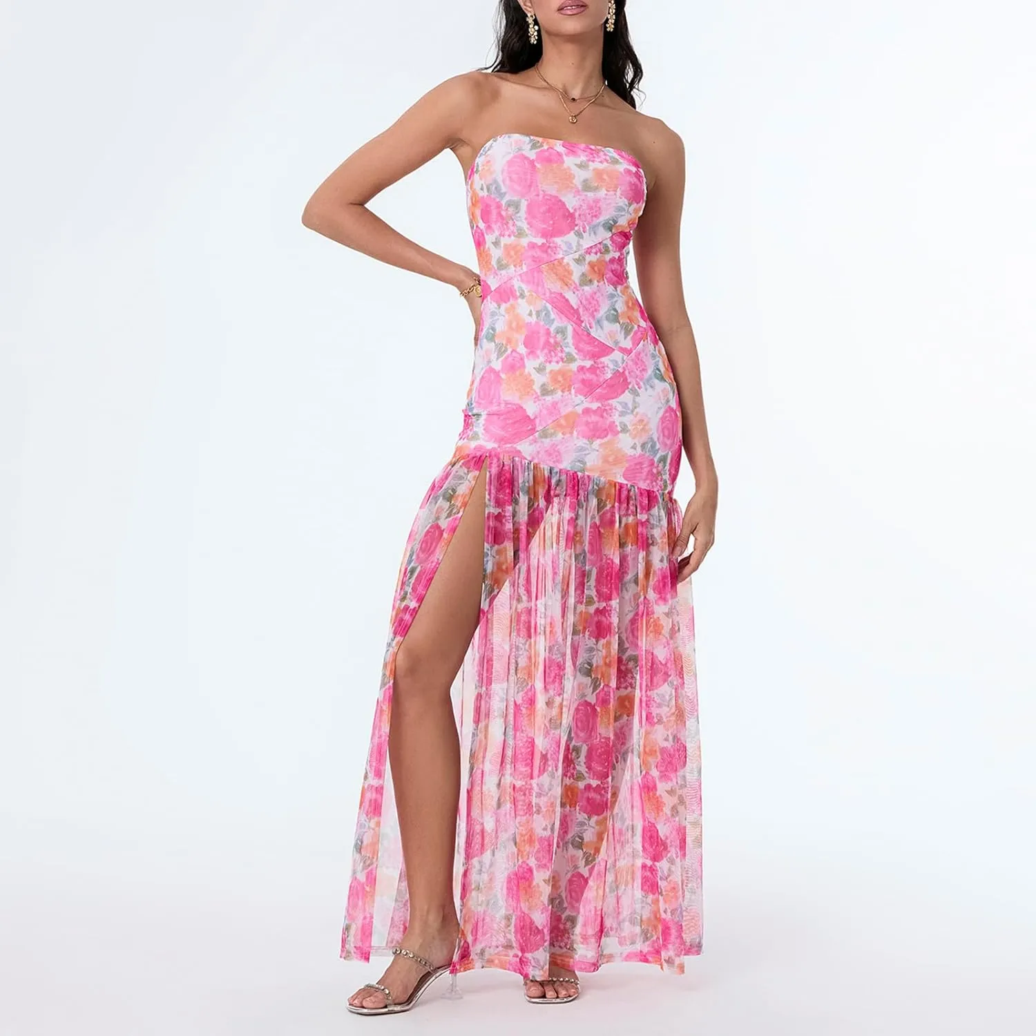Womens Strapless Maxi Dress Floral Mesh Backless Bodycon Tube Long Dress Sexy Ruched Flowy Split Evening Gowns