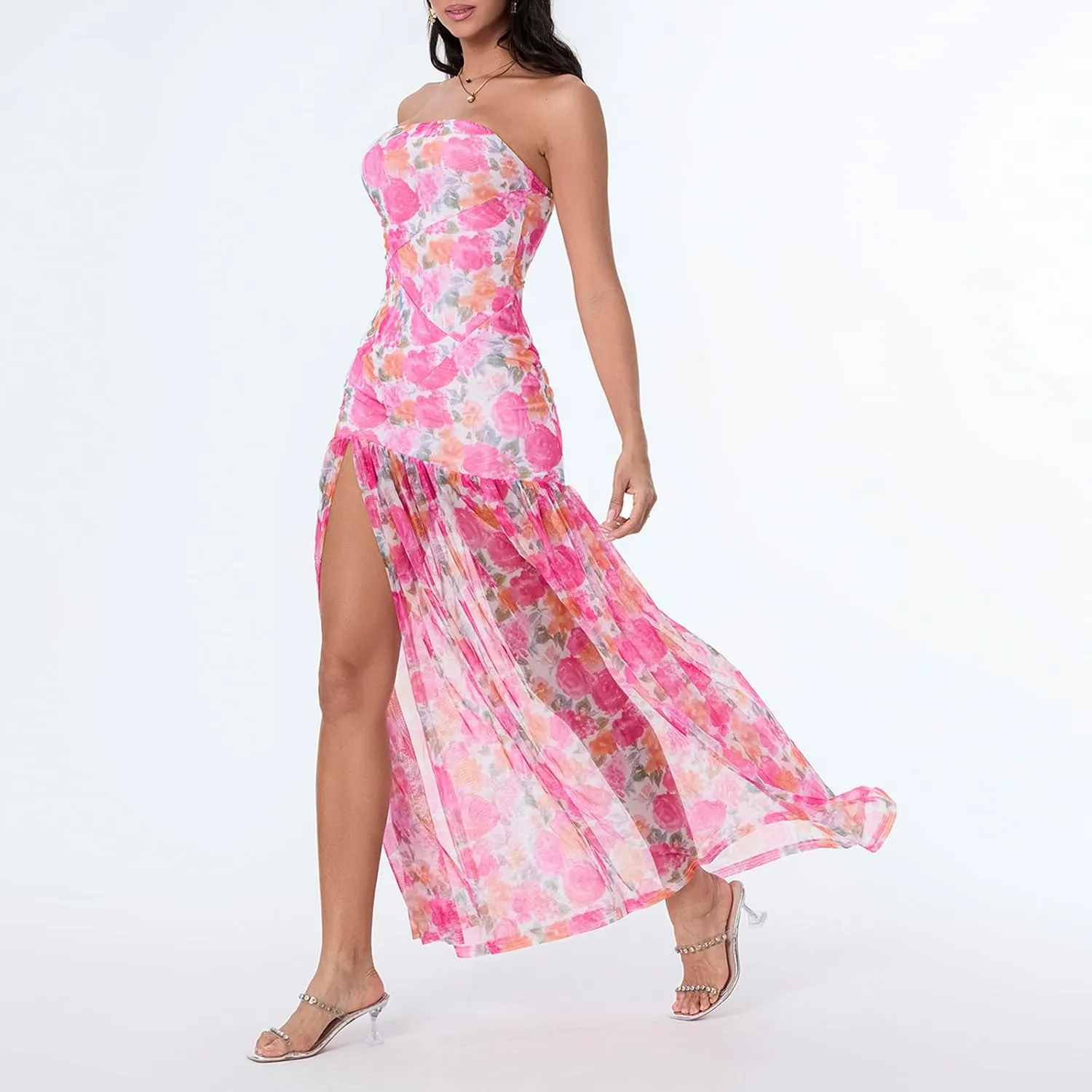 Womens Strapless Maxi Dress Floral Mesh Backless Bodycon Tube Long Dress Sexy Ruched Flowy Split Evening Gowns