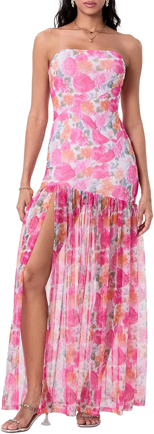 Womens Strapless Maxi Dress Floral Mesh Backless Bodycon Tube Long Dress Sexy Ruched Flowy Split Evening Gowns