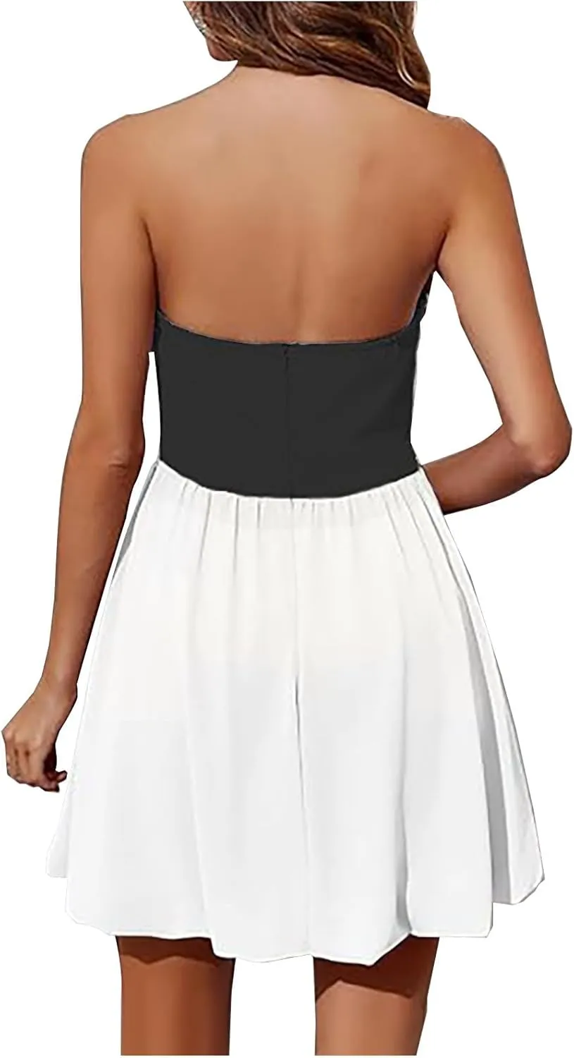 Women's Strapless Tube Top Mini Dress Ruched A Line Flare Ruffle Trendy Y2k Bubble Wedding Club Party Short Dresses