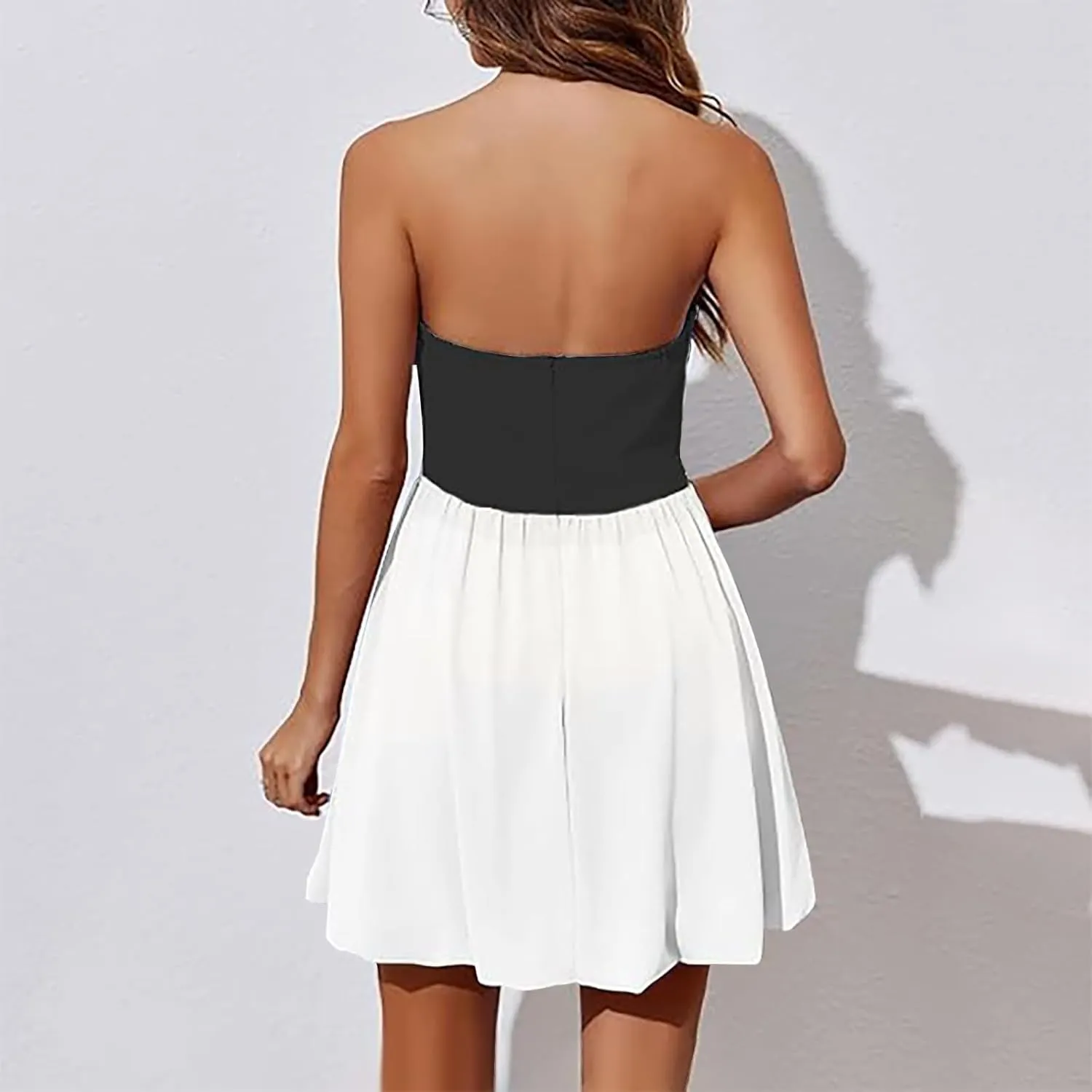 Women's Strapless Tube Top Mini Dress Ruched A Line Flare Ruffle Trendy Y2k Bubble Wedding Club Party Short Dresses