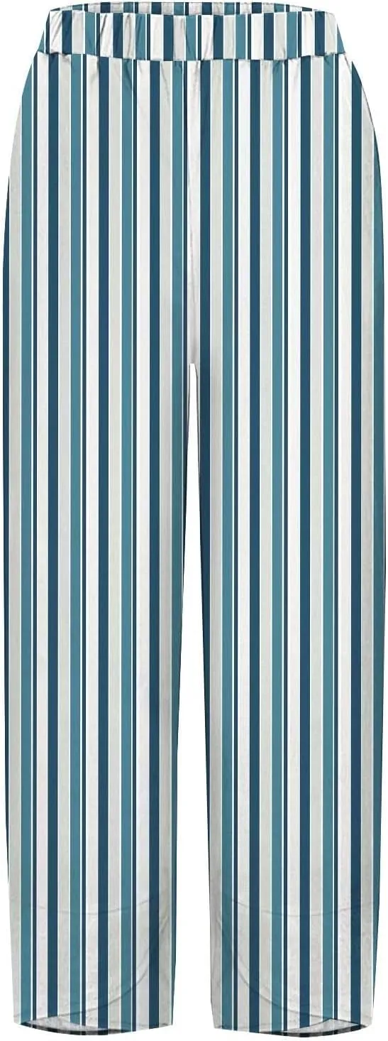 Women's Striped Printed Elastic High Waist Wide Leg Cropped Pants Casual Summer Beach Trousers for Women with Pocket