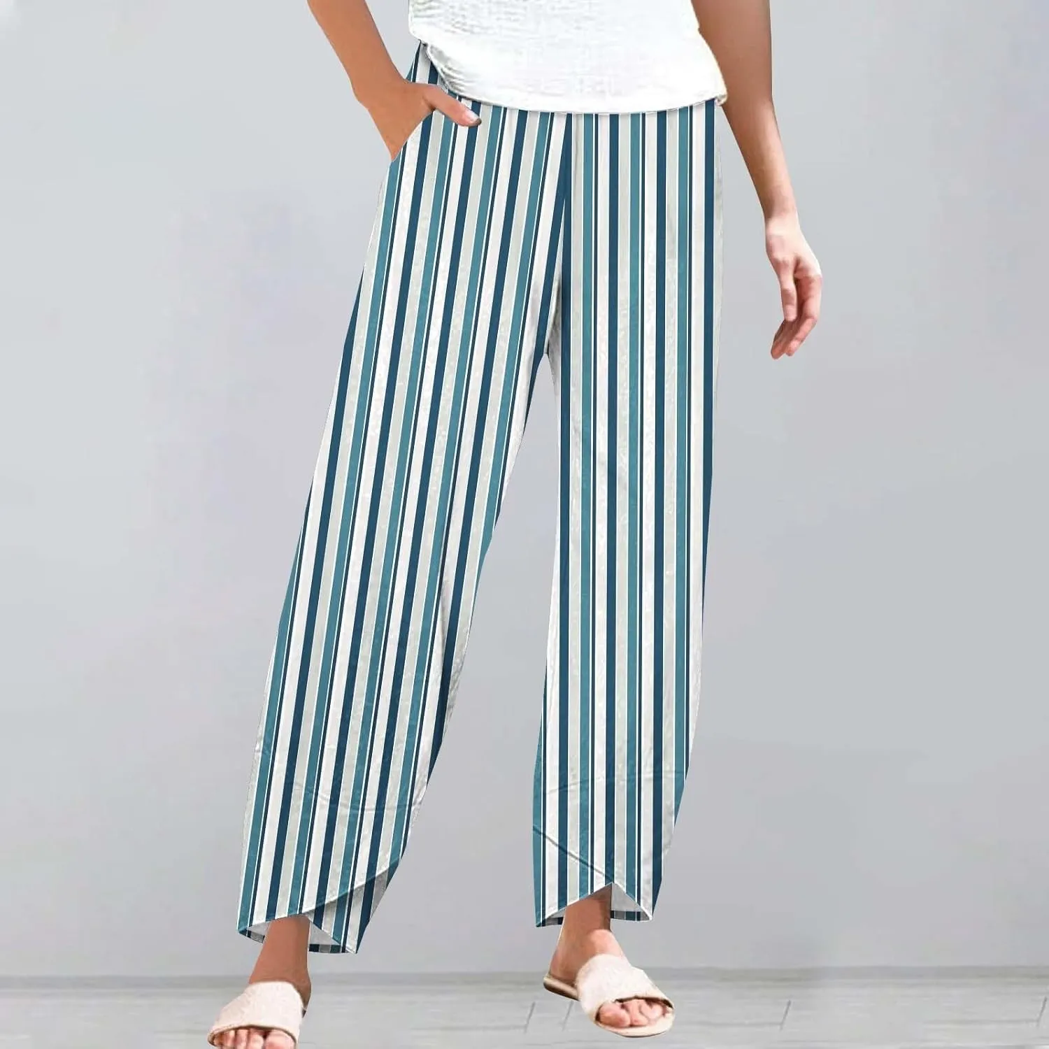 Women's Striped Printed Elastic High Waist Wide Leg Cropped Pants Casual Summer Beach Trousers for Women with Pocket