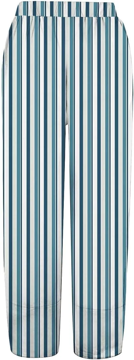 Women's Striped Printed Elastic High Waist Wide Leg Cropped Pants Casual Summer Beach Trousers for Women with Pocket