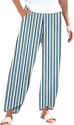Women's Striped Printed Elastic High Waist Wide Leg Cropped Pants Casual Summer Beach Trousers for Women with Pocket