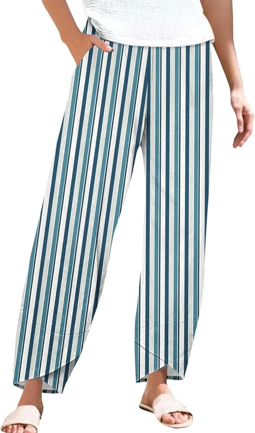 Women's Striped Printed Elastic High Waist Wide Leg Cropped Pants Casual Summer Beach Trousers for Women with Pocket