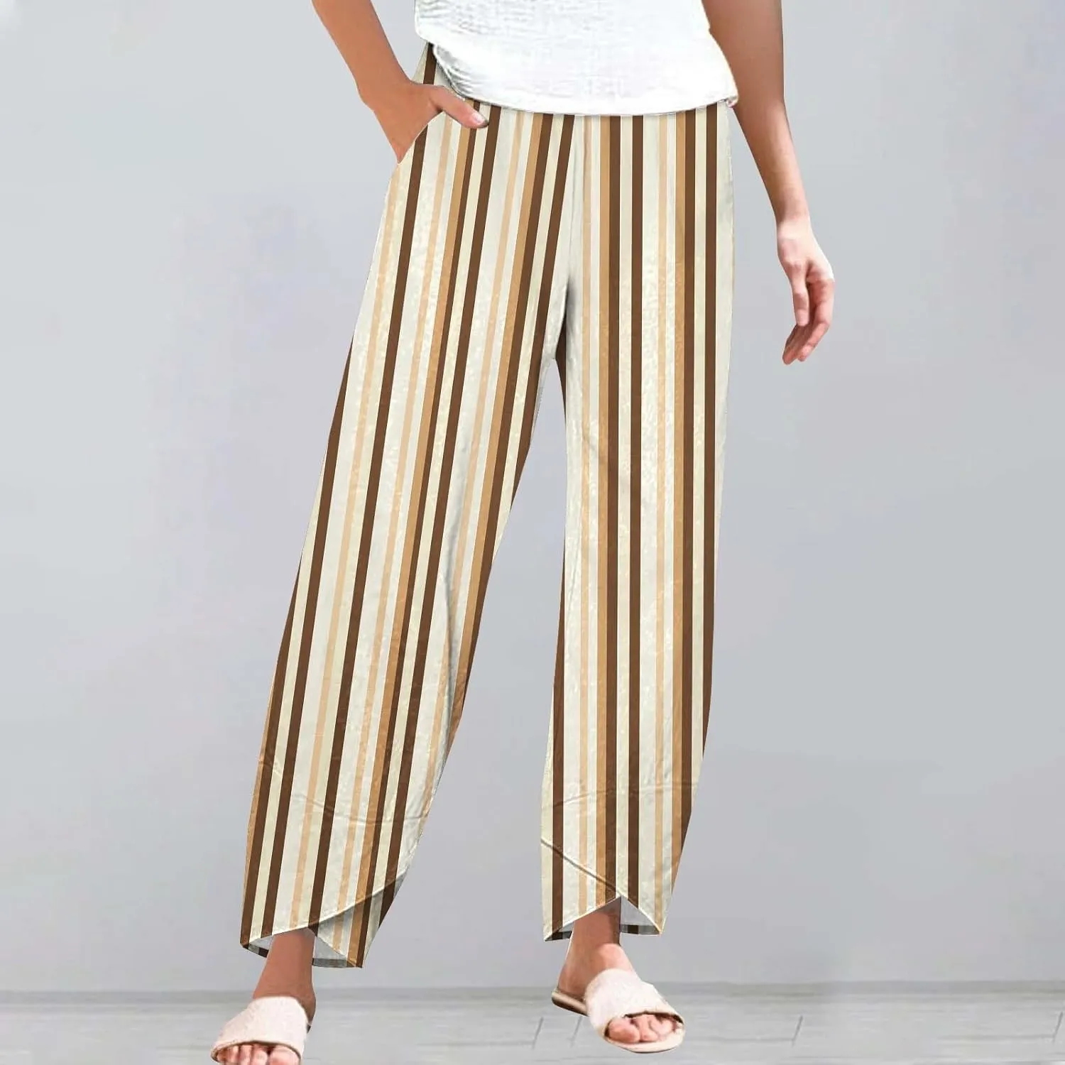 Women's Striped Printed Elastic High Waist Wide Leg Cropped Pants Casual Summer Fall Trousers for Women with Pockets