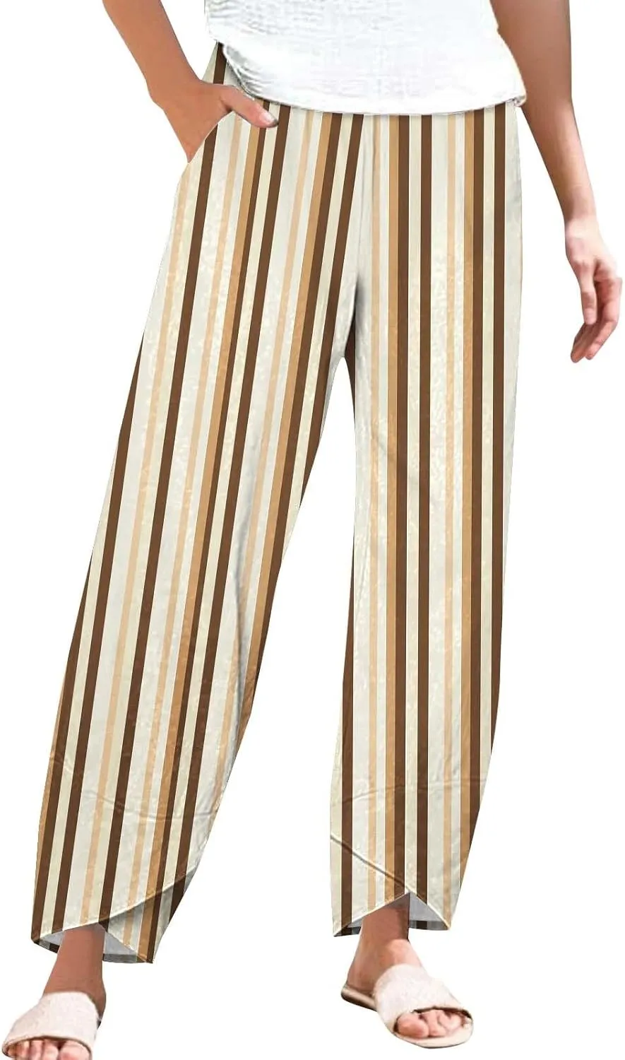 Women's Striped Printed Elastic High Waist Wide Leg Cropped Pants Casual Summer Fall Trousers for Women with Pockets