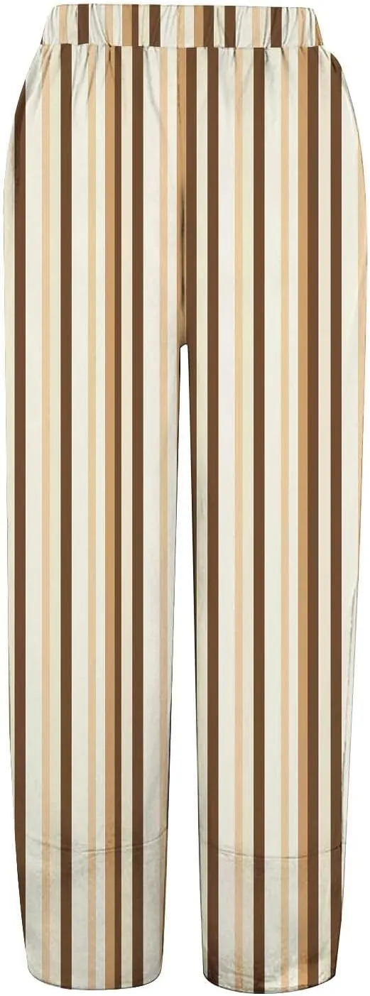 Women's Striped Printed Elastic High Waist Wide Leg Cropped Pants Casual Summer Fall Trousers for Women with Pockets