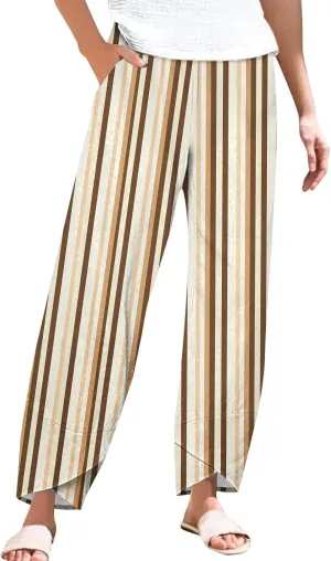 Women's Striped Printed Elastic High Waist Wide Leg Cropped Pants Casual Summer Fall Trousers for Women with Pockets