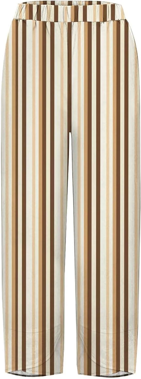 Women's Striped Printed Elastic High Waist Wide Leg Cropped Pants Casual Summer Fall Trousers for Women with Pockets