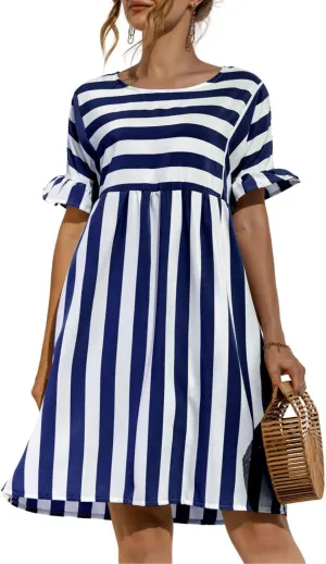 Womens Striped Summer Dress Ruffle Short Sleeve Crewmeck Shirt Dress Loose 2024 Sundresses S-5XL