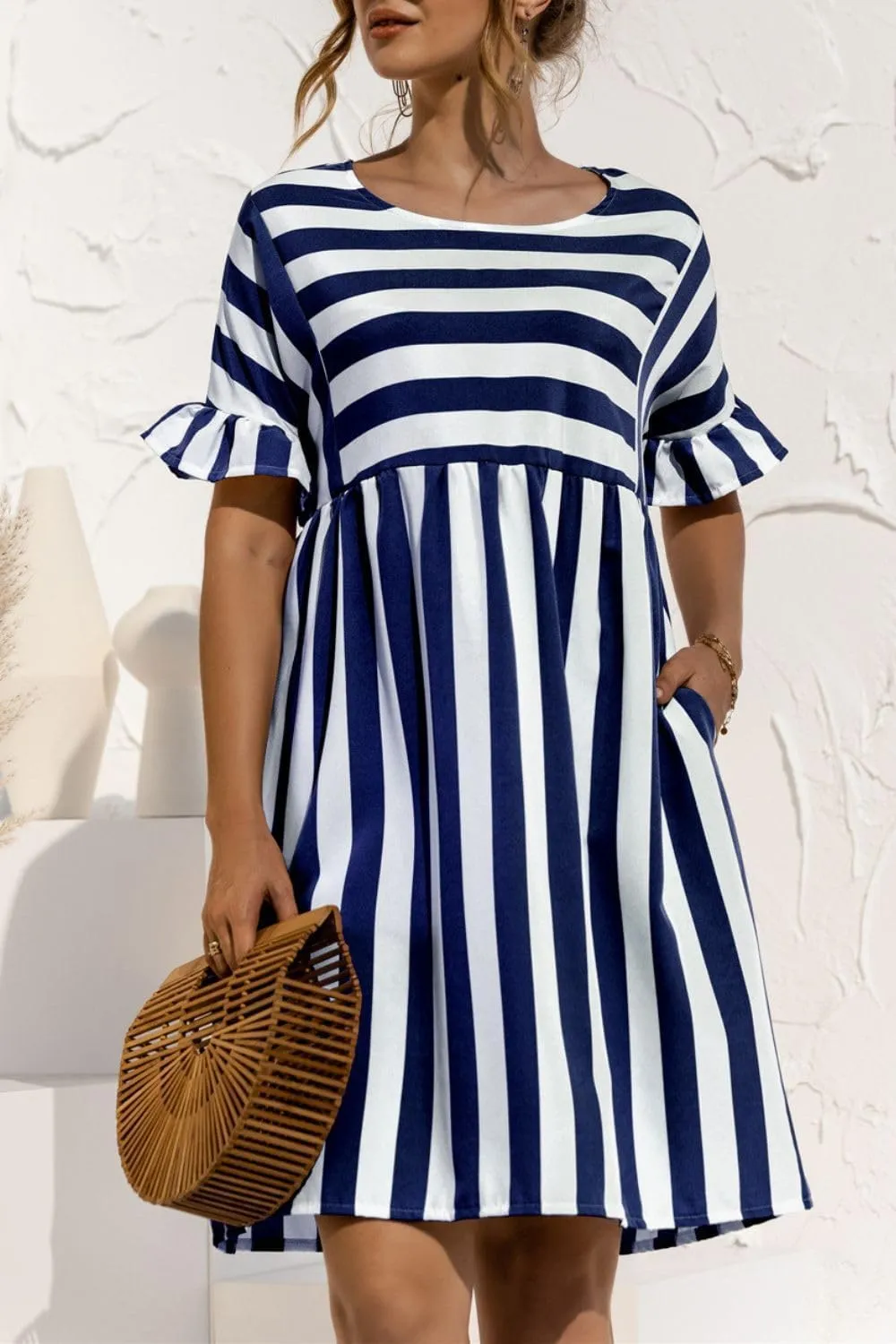 Womens Striped Summer Dress Ruffle Short Sleeve Crewmeck Shirt Dress Loose 2024 Sundresses S-5XL