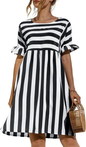 Womens Striped Summer Dress Ruffle Short Sleeve Crewmeck Shirt Dress Loose 2024 Sundresses S-5XL