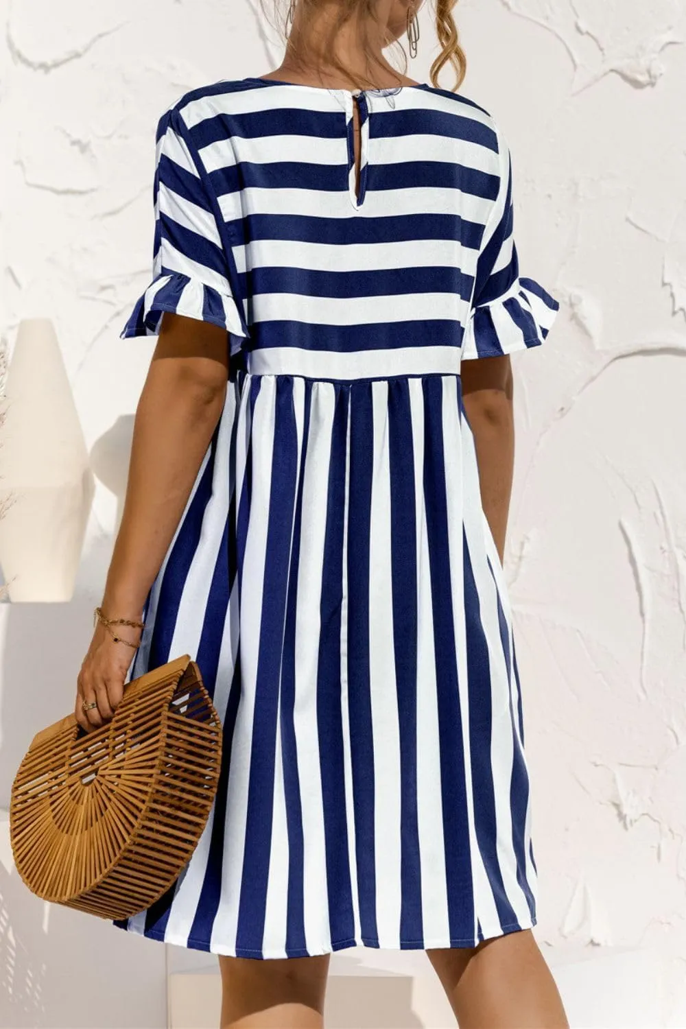 Womens Striped Summer Dress Ruffle Short Sleeve Crewmeck Shirt Dress Loose 2024 Sundresses S-5XL