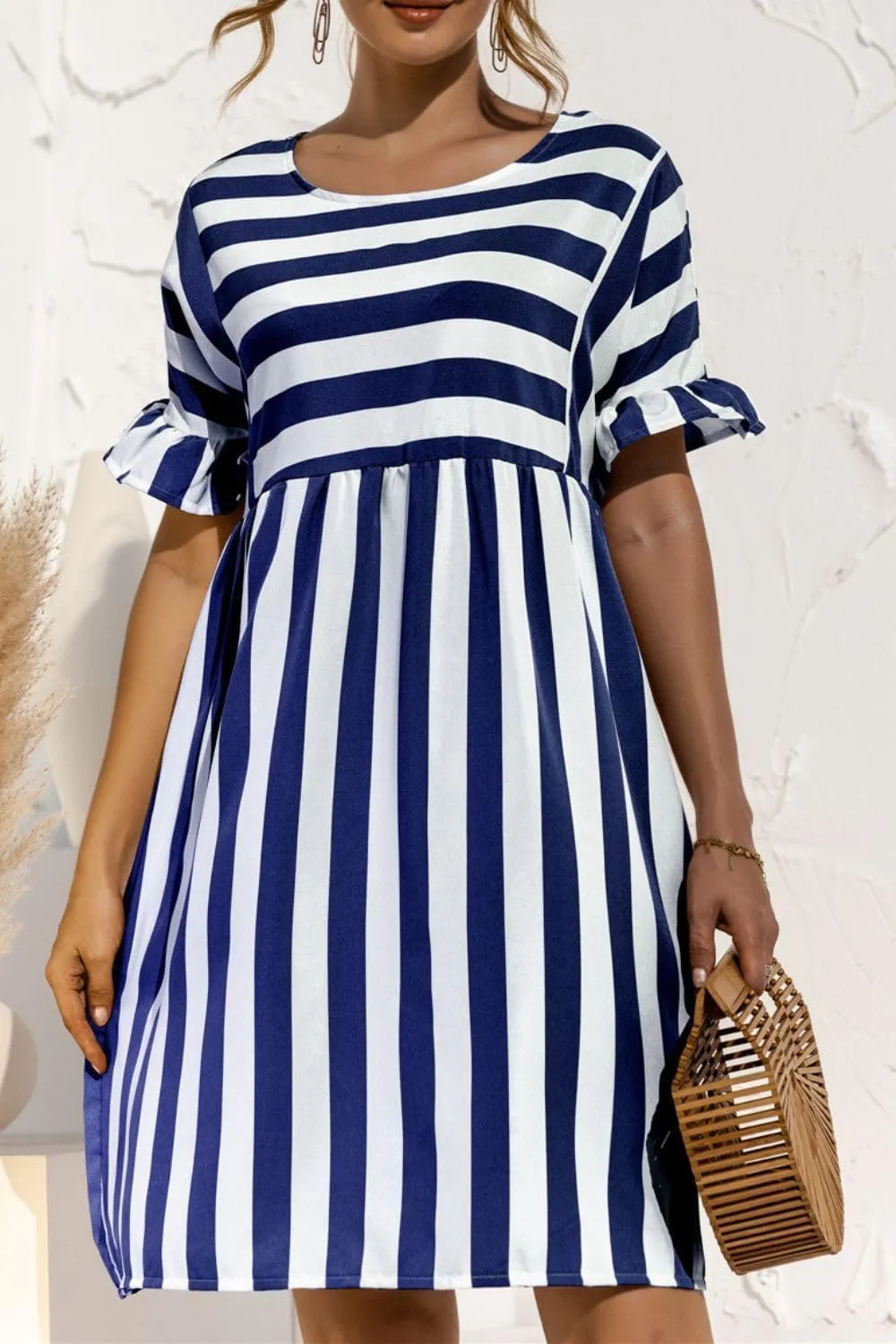 Womens Striped Summer Dress Ruffle Short Sleeve Crewmeck Shirt Dress Loose 2024 Sundresses S-5XL