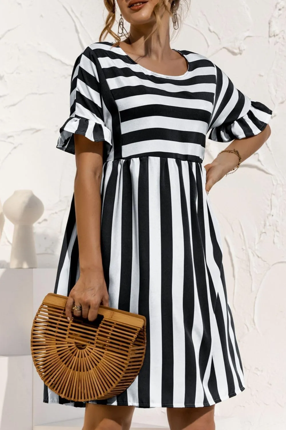Womens Striped Summer Dress Ruffle Short Sleeve Crewmeck Shirt Dress Loose 2024 Sundresses S-5XL