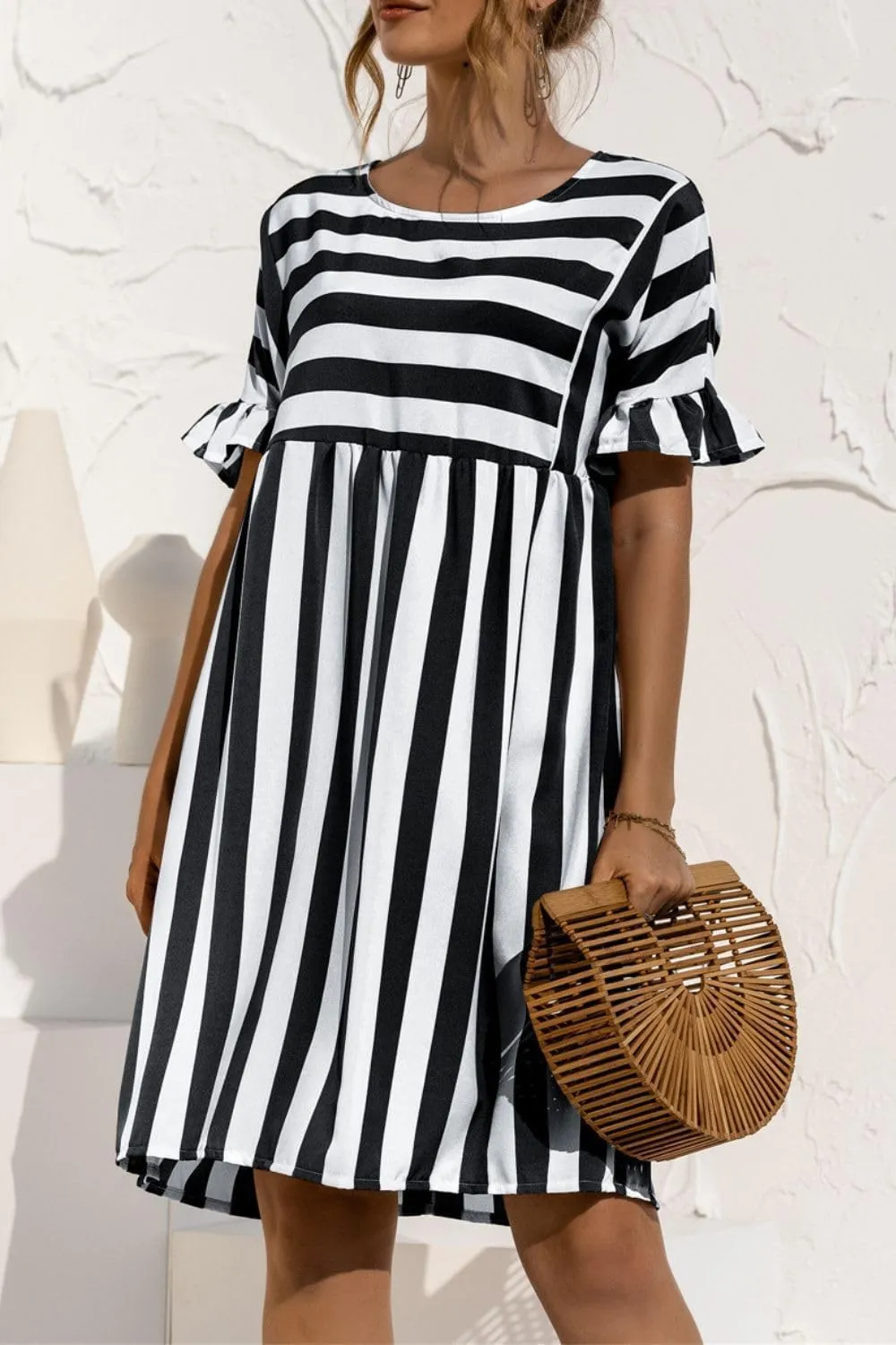 Womens Striped Summer Dress Ruffle Short Sleeve Crewmeck Shirt Dress Loose 2024 Sundresses S-5XL