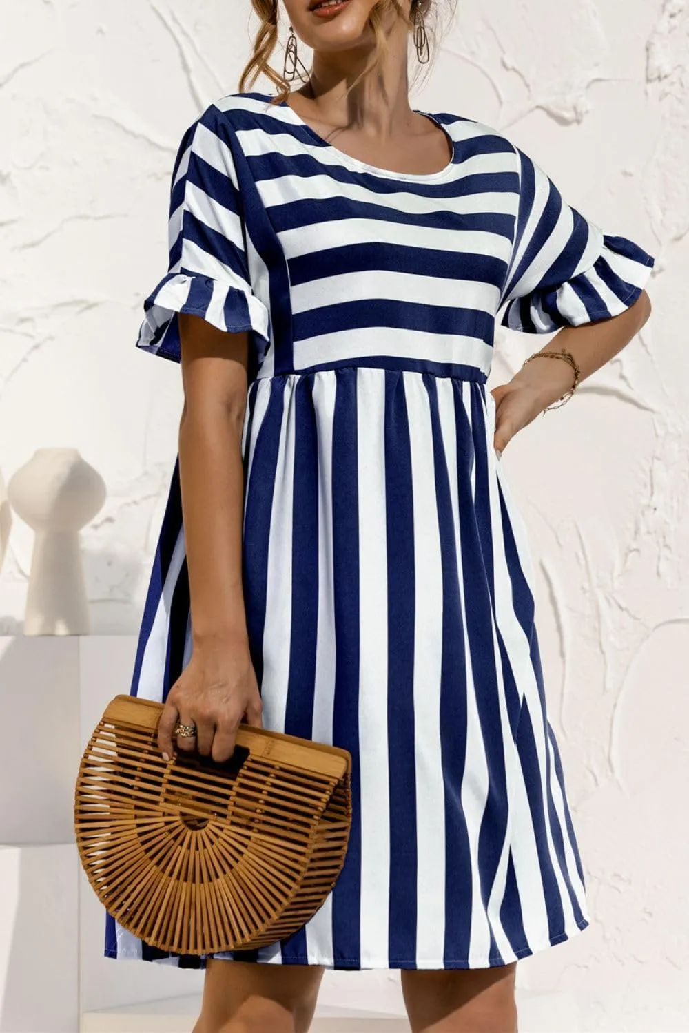 Womens Striped Summer Dress Ruffle Short Sleeve Crewmeck Shirt Dress Loose 2024 Sundresses S-5XL