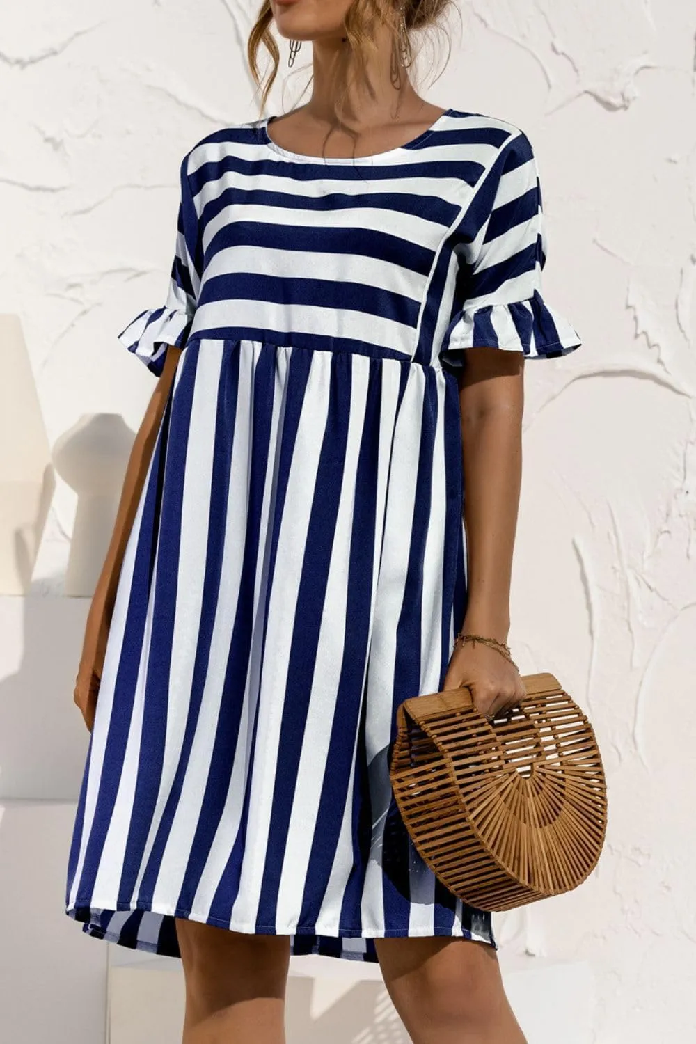 Womens Striped Summer Dress Ruffle Short Sleeve Crewmeck Shirt Dress Loose 2024 Sundresses S-5XL