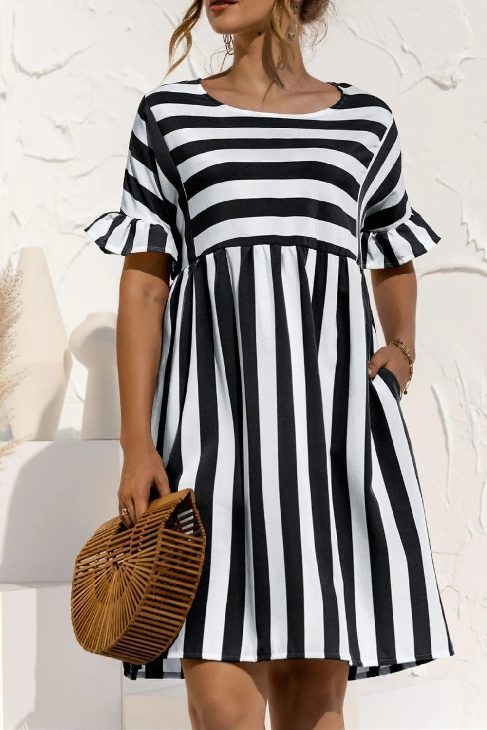 Womens Striped Summer Dress Ruffle Short Sleeve Crewmeck Shirt Dress Loose 2024 Sundresses S-5XL