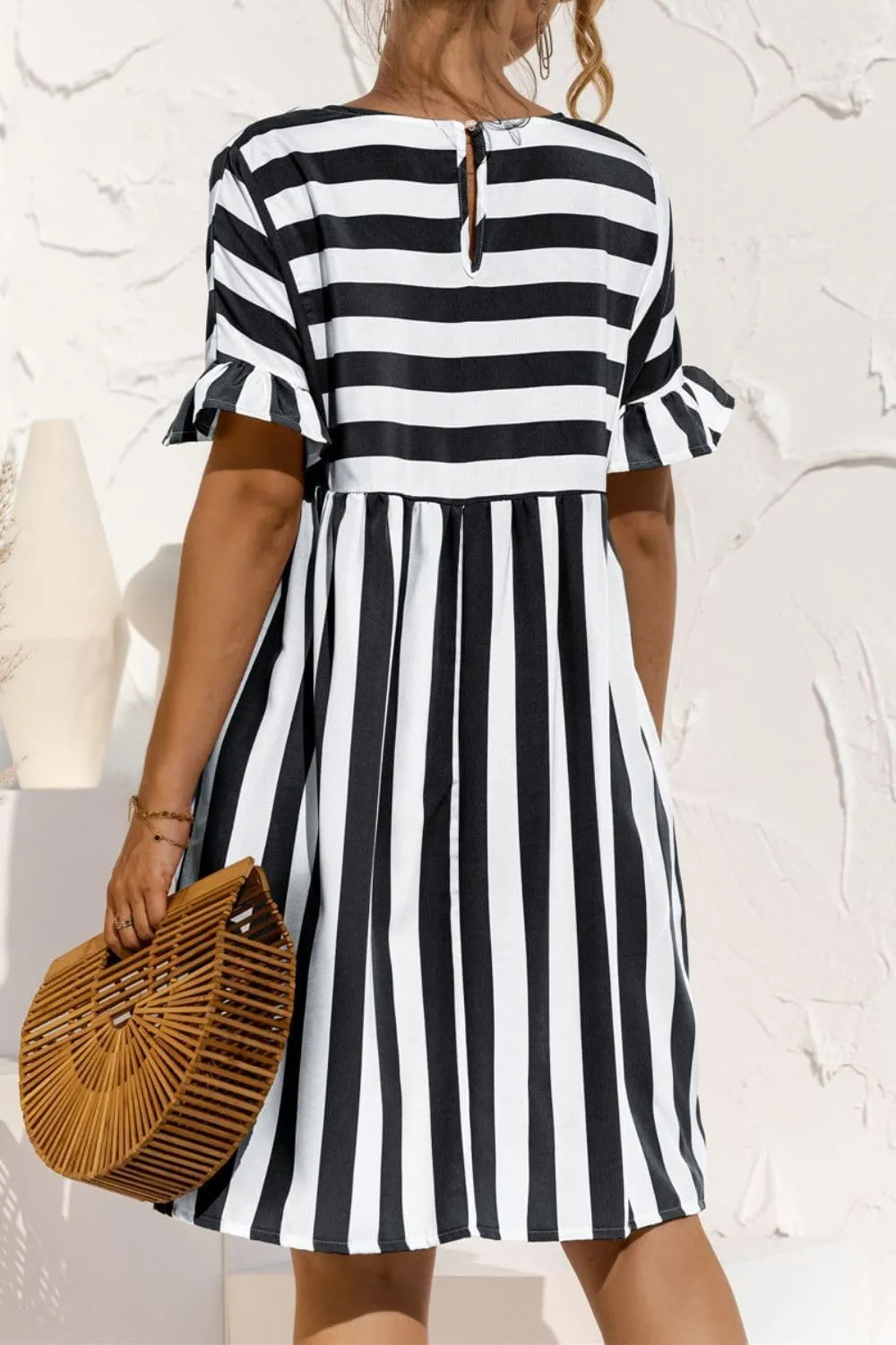Womens Striped Summer Dress Ruffle Short Sleeve Crewmeck Shirt Dress Loose 2024 Sundresses S-5XL