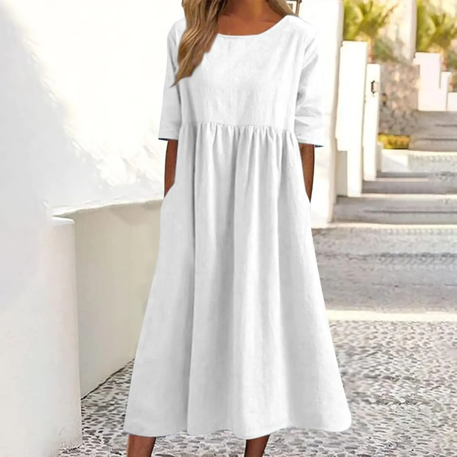 Womens Summer Casual Beach Dresses Half Sleeve Crew Neck Linen Midi Dress Loose Baggy Navy Blue Plus Size Dress 2025