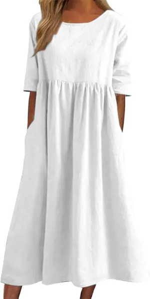 Womens Summer Casual Beach Dresses Half Sleeve Crew Neck Linen Midi Dress Loose Baggy Navy Blue Plus Size Dress 2025