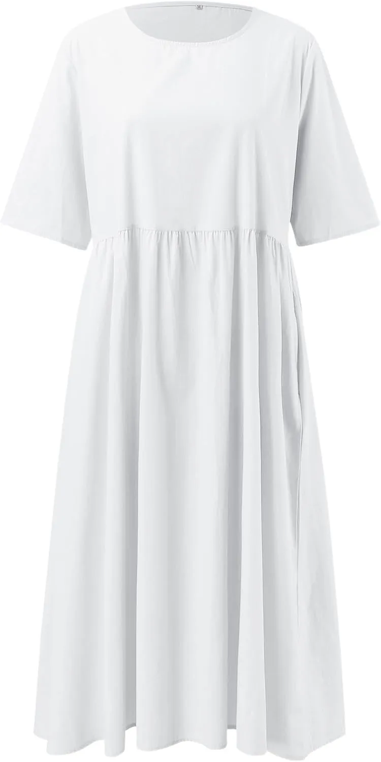 Womens Summer Casual Beach Dresses Half Sleeve Crew Neck Linen Midi Dress Loose Baggy Navy Blue Plus Size Dress 2025