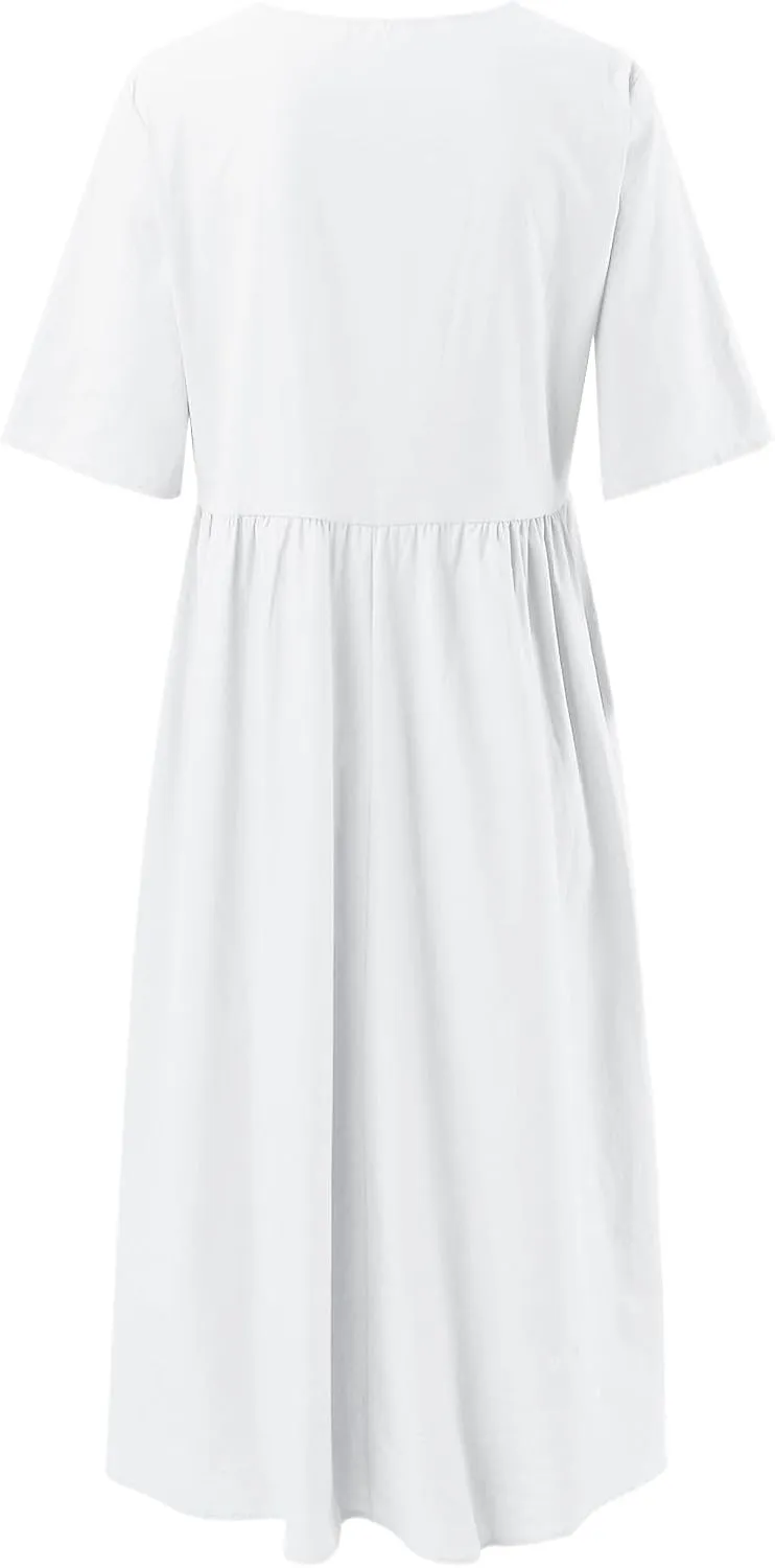 Womens Summer Casual Beach Dresses Half Sleeve Crew Neck Linen Midi Dress Loose Baggy Navy Blue Plus Size Dress 2025