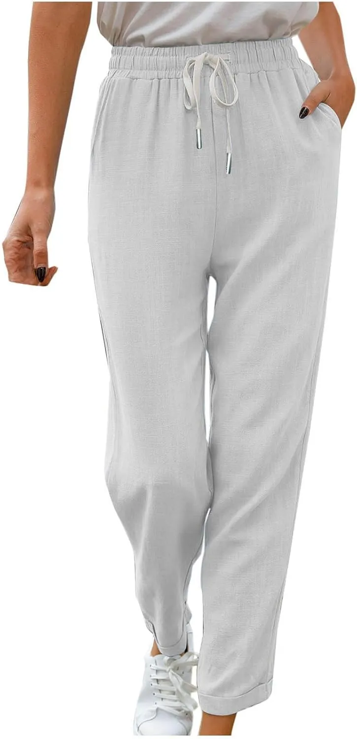 Women's Summer Casual Linen Pants Drawstring Elastic Waist Loose Fit Straight Leg Pants Comfy Beach Trousers with Pockets