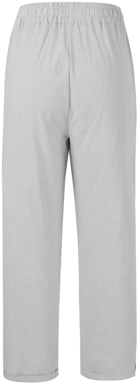 Women's Summer Casual Linen Pants Drawstring Elastic Waist Loose Fit Straight Leg Pants Comfy Beach Trousers with Pockets