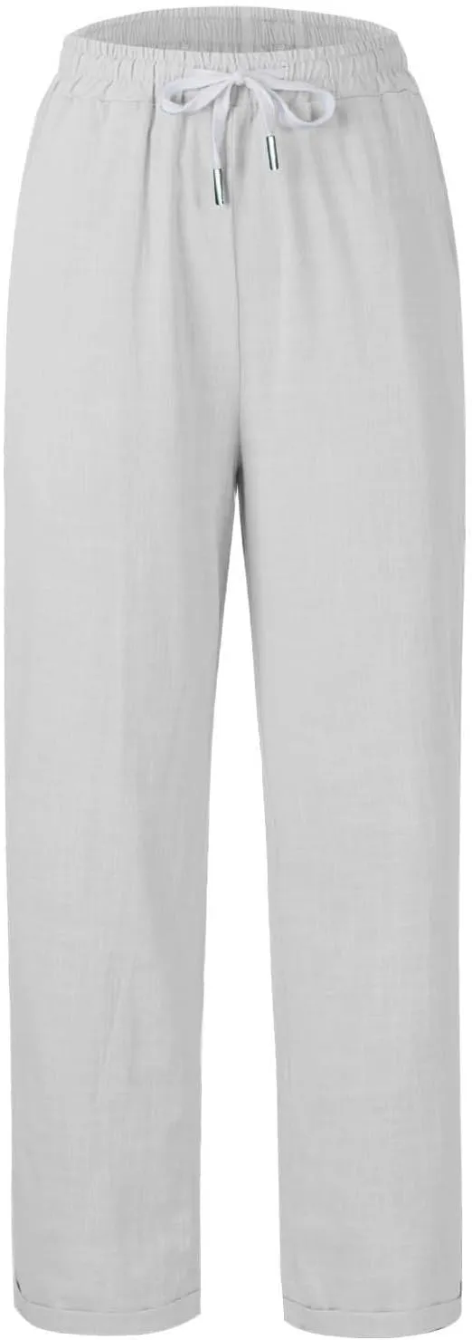 Women's Summer Casual Linen Pants Drawstring Elastic Waist Loose Fit Straight Leg Pants Comfy Beach Trousers with Pockets