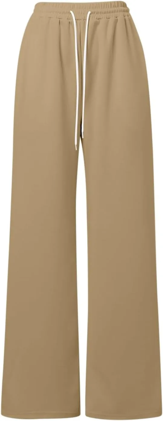 Women's Summer Casual Pants High Waist Drawstring Wide Straight Leg Sport Pants Loose Workout Trousers with Pockets
