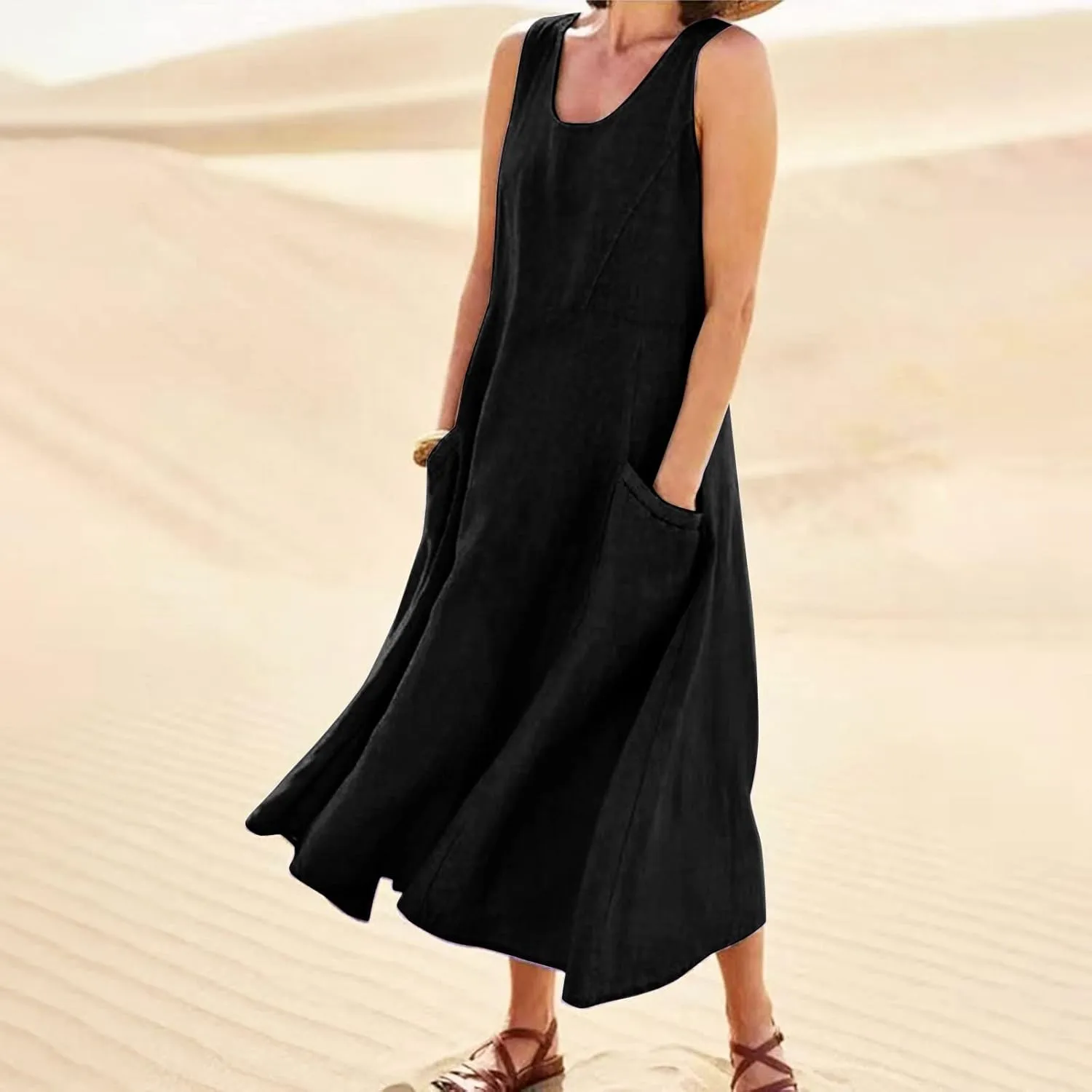 Womens Summer Cotton Linen Long Dress Sleeveless Elegant Flowy Dresses 2025 Plus Size Loose Comfy Dress with Pockets