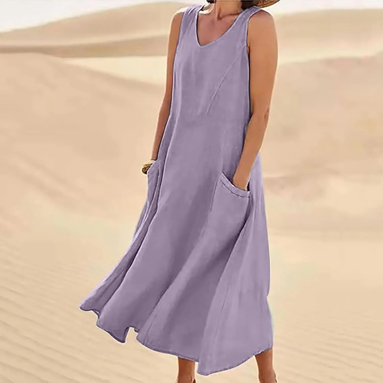 Womens Summer Cotton Linen Long Dress Sleeveless Elegant Flowy Dresses 2025 Plus Size Loose Comfy Dress with Pockets